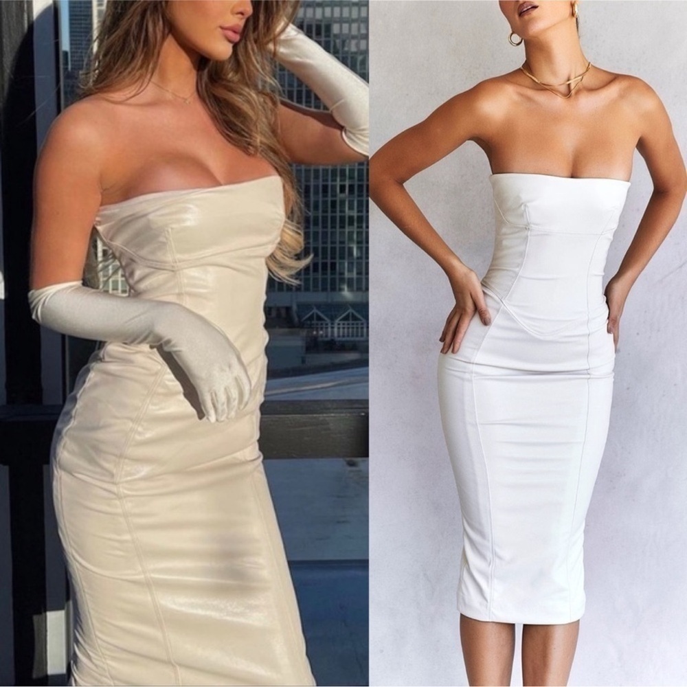House of CB Strapless Cream/White Bodycon Midi Dress